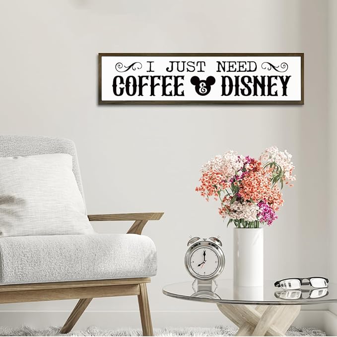 WKYAER Coffee Wood Sign, Decorative Wooden Hanging Sign, Farmhouse Table Shelf Decoration for Home Kitchen, Coffees Bar Decor, Cafe Decor, I Just Need Coffee & Disney Signs