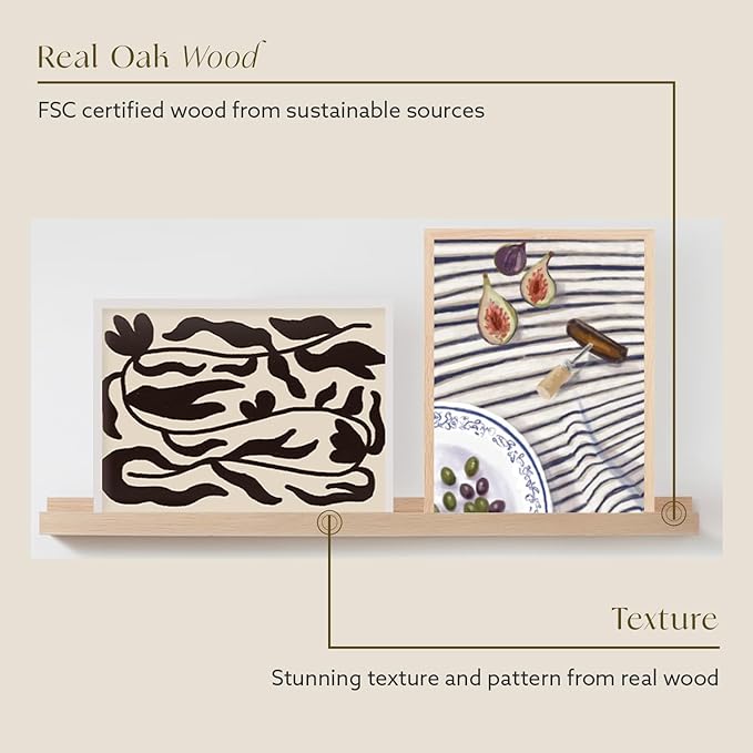 (24 in | 61 cm) Natural Oak Wood Wall Mounted Floating Picture Ledge Shelf | Ideal for Bedroom, Kitchen, Bathroom, Office, Easy Installation, Mounting Hardware Included