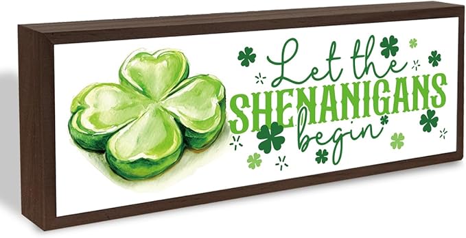 Let the Shenanigans Begin Sign, St Patricks Day Decorations for Home, Office, Shelf, Mantel, Indoor, Shamrock Art Decor, Saint Patrick Day Decor, Four Leaves Clover Decors, 9.5x3.1x1 inches