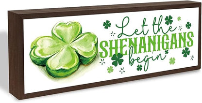 Let the Shenanigans Begin Sign, St Patricks Day Decorations for Home, Office, Shelf, Mantel, Indoor, Shamrock Art Decor, Saint Patrick Day Decor, Four Leaves Clover Decors, 9.5x3.1x1 inches