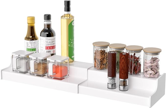 Expandable Spice Rack Cabinet Organizer 2 Tier, White Kitchen Counter Display Shelf, Seasoning Organizer for Cabinet, Moisture Resistant