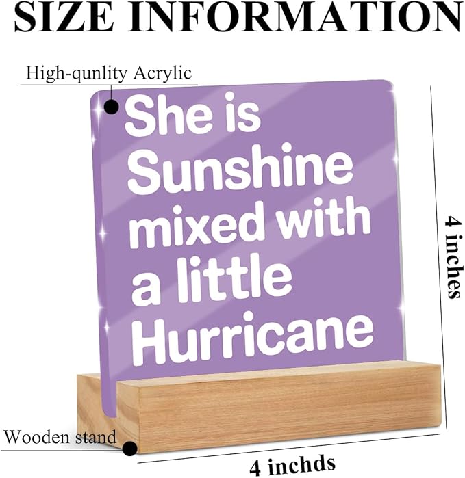 She Is Sunshine Mixed with a Little Hurricane Acrylic Sign，Funny Acrylic Office Desk Accessories Decor, Purple Inspirational Desk Decor for Dorm Home Bedroom，Gifts for Women Coworkers Friends Family