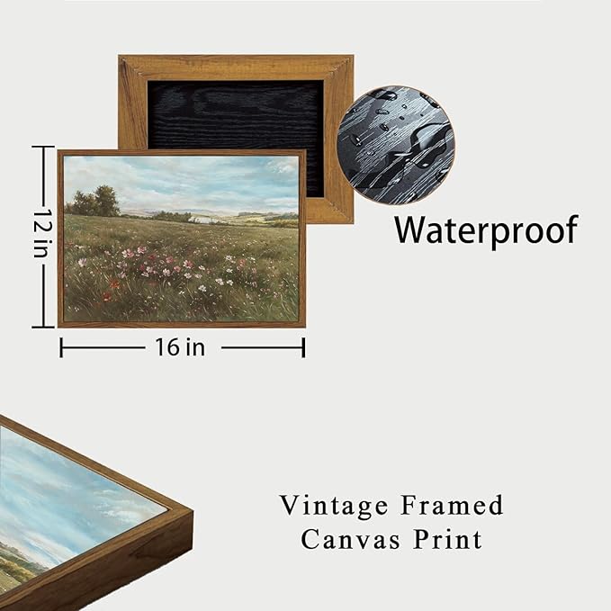 OIQArtOIQ Vintage Landscape Framed Wall Art Summer Countryside Wildflower Canvas Art Prints Farmhouse Cottagecore Pictures Wall Decor Rustic Meadow Paintings Artwork For Kitchen Bedroom Living Room