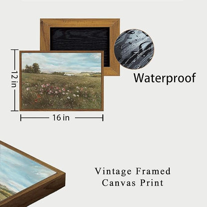 OIQArtOIQ Vintage Landscape Framed Wall Art Summer Countryside Wildflower Canvas Art Prints Farmhouse Cottagecore Pictures Wall Decor Rustic Meadow Paintings Artwork For Kitchen Bedroom Living Room