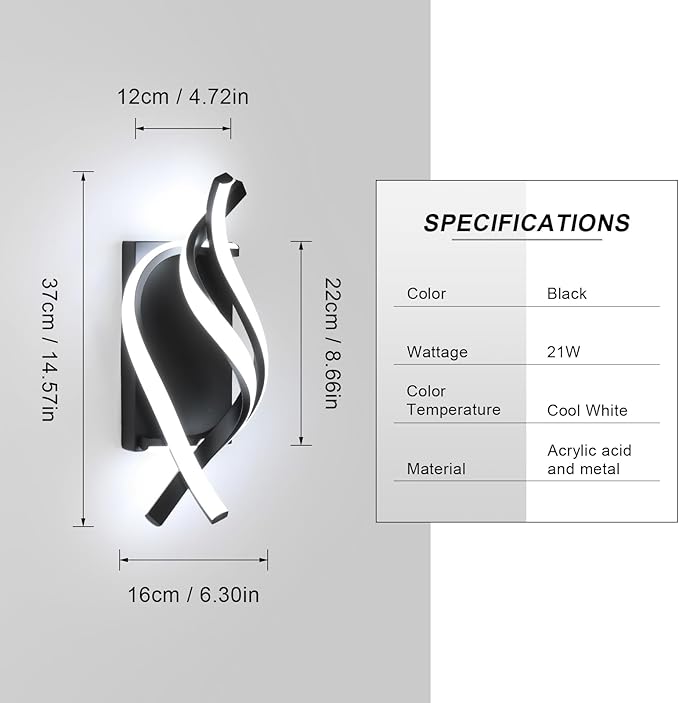 DELIPOP Wall Sconces, Spiral Modern LED Wall Sconce Lighting, 21W 6500K Cool White Indoor Wall Light Wall Light Fixtures, Acrylic LED Wall Lamp for Bedroom Bathroom Living Room Hallway Balcony