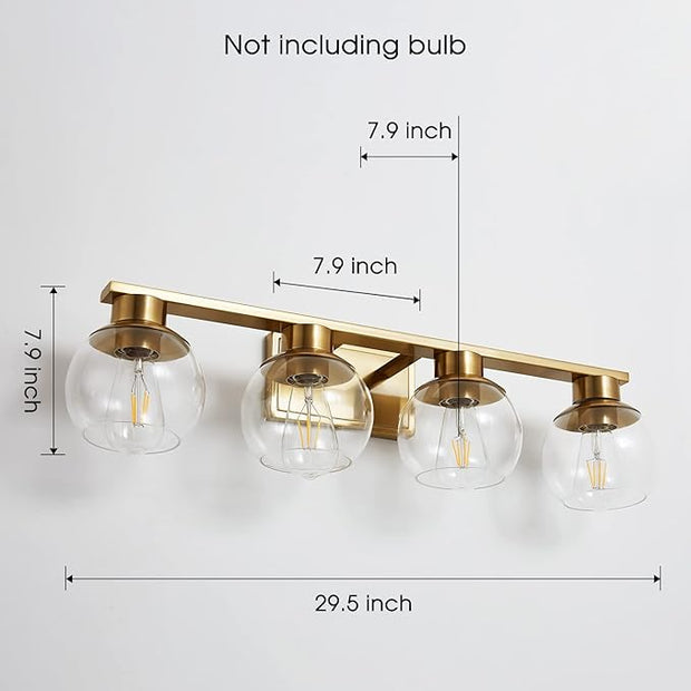 PAZALA Brushed Brass Bathroom Light Fixtures Over Mirror 4-Lights Vanity Light Wall Sconce with Globe Glass Shade, E26 Base, Perfect for Hallway Picture Wall Lighting Bathroom Bedroom Living Room