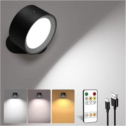LED Wall Mounted Lights, Rechargeable Wall Sconces Lamp, 3 Color Temps & Remote and Touch, 360°Rotation Dimmable Cordless Wall Light for Study Bedroom Reading Bedside(Black, 1 Pack)