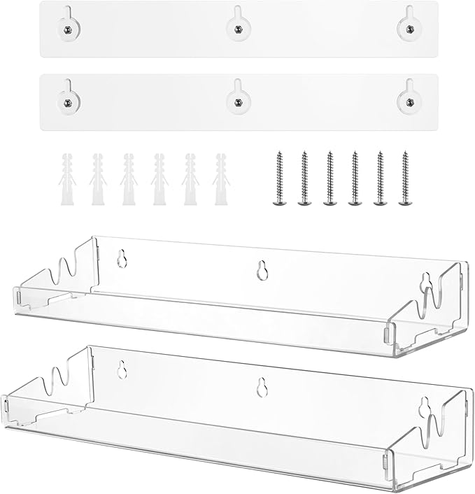 Navaris Clear Acrylic Shower Shelves (Set of 2) - Stick On or Screw Mount Adhesive Shelves for Bathroom - No Drilling or Nails Thin Plastic Wall Shelf