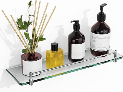 Glass Bathroom Shelves,Chrome Polished Floating Shelves for Wall Rectangular Modern Stainless Steel Glass Shelf for Bathroom Shelves Wall Mounted 16 Inch