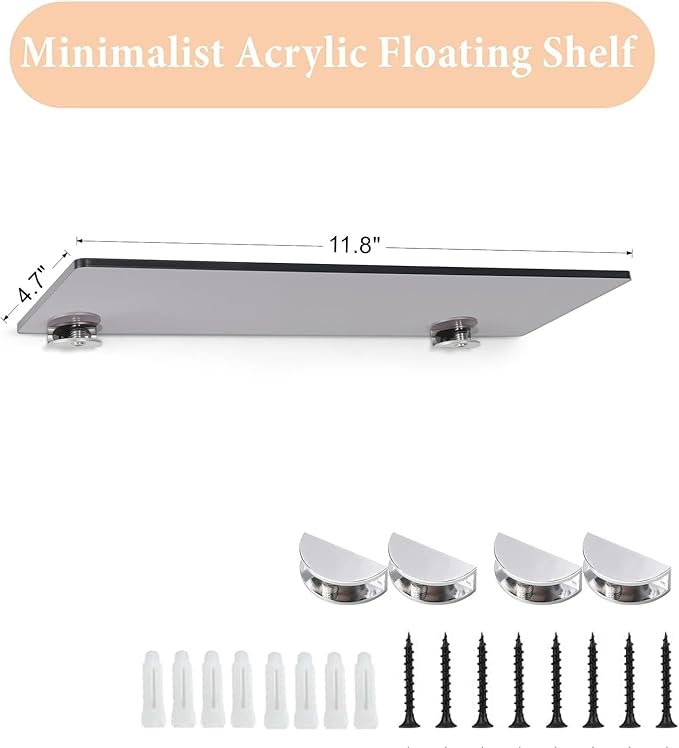 iobiotio Small Floating Shelves, 12 x 4'' Shelves for Wall, Decorative Floating Shelves for Home Office, Wall Mounted Rack, Clear Black, 2 Pcs