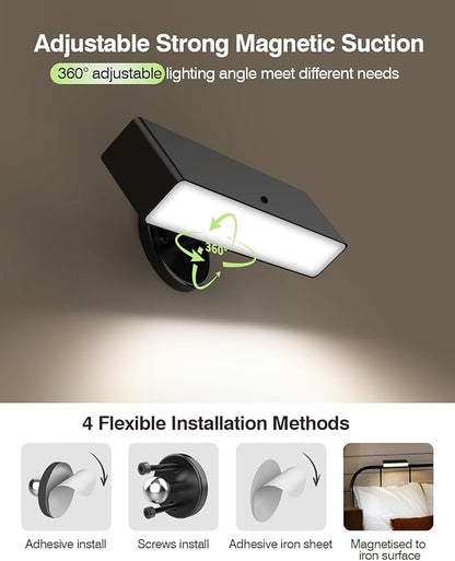 iThird Rechargeable Battery Operated Wall Sconce Set of 2: Wireless Black Wall Lights Battery Powered Magnetic 360° Rotation Cordless Scone Adhesive LED Wall Mount Lamp for Bedroom Reading Picture RV