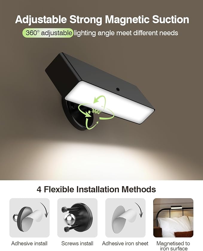 iThird Rechargeable Battery Operated Wall Sconce Set of 2: Wireless Black Wall Lights Battery Powered Magnetic 360° Rotation Cordless Scone Adhesive LED Wall Mount Lamp for Bedroom Reading Picture RV