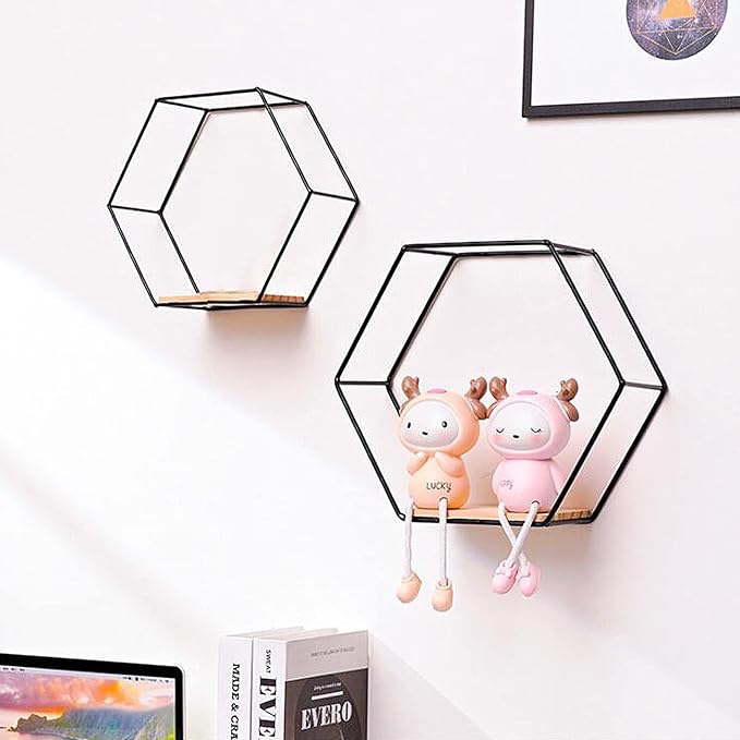 3Pcs Hexagonal Floating Shelves Wall Decor Modern Gold Hexagon Shelves for Wall Decorative Hexagon Metal Wire Storage Shelves Wall Mounted Floating Shelf Display Storage Rack for Bedroom Living(Black)