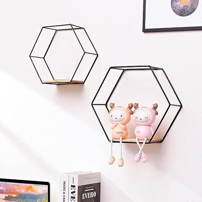 3Pcs Hexagonal Floating Shelves Wall Decor Modern Gold Hexagon Shelves for Wall Decorative Hexagon Metal Wire Storage Shelves Wall Mounted Floating Shelf Display Storage Rack for Bedroom Living(Black)