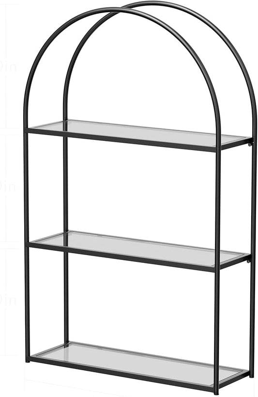Crofy Black Arched Frame Wall Shelf, Decorative 3 Tier Bathroom Wall Shelf with Transparent Tempered Glass Shelves and Robust Storage Capacity, 5.1" D x 18.1" W x 28.9" H
