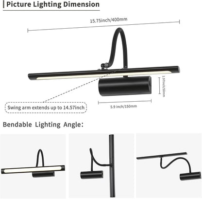 JOOSENLUX 16" Dimmable Picture Light, LED, Battery Operated, Wireless, Adjustable Arm, Remote Controlled, Rechargeable, Wall-Mounted, Modern & Stylish - Ideal for Gallery, Library, and Photo Display