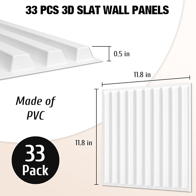Qidejoy 33 Pcs 3D PVC Slat Wall Panels 12X12in Fluted Textured Paneling Modern Decorative Tiles Cuttable Paintable DIY Wall Art for Interior Décor, Bedroom, Ceiling, TV Background, Bathroom (White)