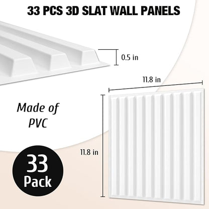 Qidejoy 33 Pcs 3D PVC Slat Wall Panels 12X12in Fluted Textured Paneling Modern Decorative Tiles Cuttable Paintable DIY Wall Art for Interior Décor, Bedroom, Ceiling, TV Background, Bathroom (White)