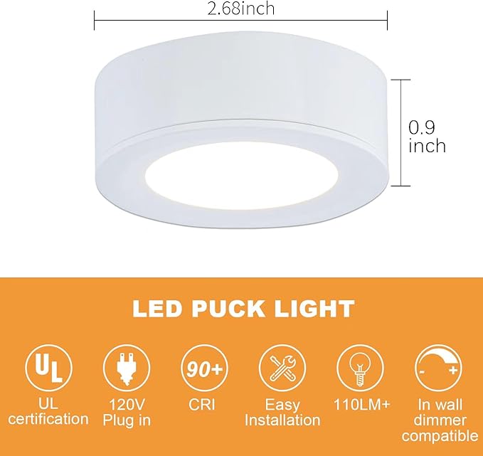 LUMILAND Wired LED Puck Lights (2.7Wx5) Plug-in Lighting Natural White (4000K), LED Cabinet Light for Kitchen Can Be Surface Mount or Recess Mount, White