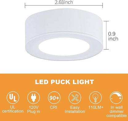 LUMILAND Wired LED Puck Lights 120V (2.7Wx5) Plug-in Lighting Warm White, LED Cabinet Light for Kitchen Can Be Surface Mount or Recess Mount, White