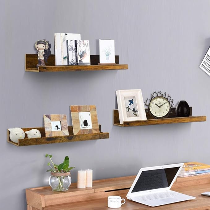 Giftgarden 16 Inch Floating Shelves ,Set of 3, Rustic Wall Mounted Picture Ledge Wooden Wall Shelf for Living Room Bedroom Kitchen Bathroom, 3 Different Sizes