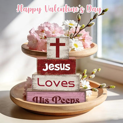 4 Pcs Christian Jesus Decorations for Home Religious Tiered Tray Decor Jesus Loves His Peeps Sign Rustic Farmhouse Decor for Home Office Kitchen Shelf Tabletop Centerpieces