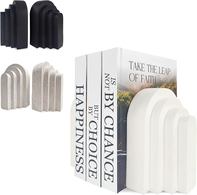 Book Ends for Heavy Books, Resin Decorative bookends, Heavy Duty Book end for Shelves, Book Stopper for Shelves, Modern Home Decor Aesthetic Book Ends, Layered Arch Design Set of 2(Cream White)