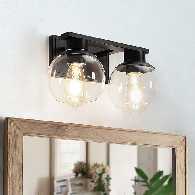 PAZALA 2-Lights Black Bathroom Vanity Lights, Modern Bathroom Lighting Fixtures with Globe Glass Shade, 14in Matte Black Wall Lamp for Bath Over Mirror Kitchen Living Room Hallway Cabinet Porch