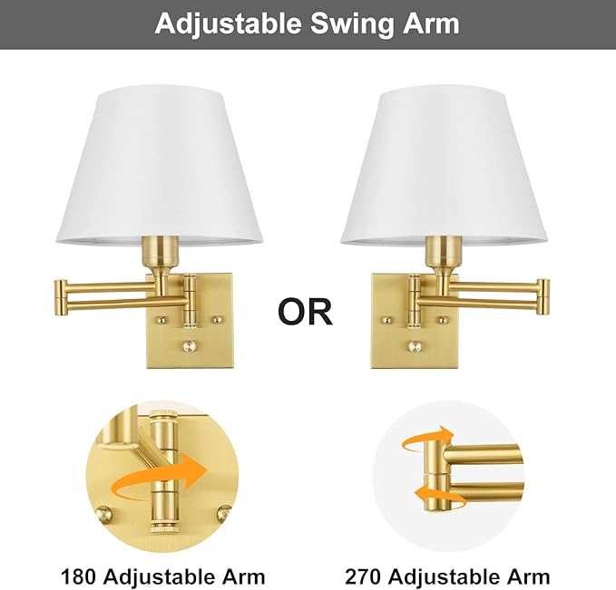 TRLIFE Dimmable Wall Sconce, Remote Control Dimming 10-100% and Adjustable Color Temperature 2700K-6500K Brushed Brass Swing Arm Wall Lights with Plug in Cord, 9.4