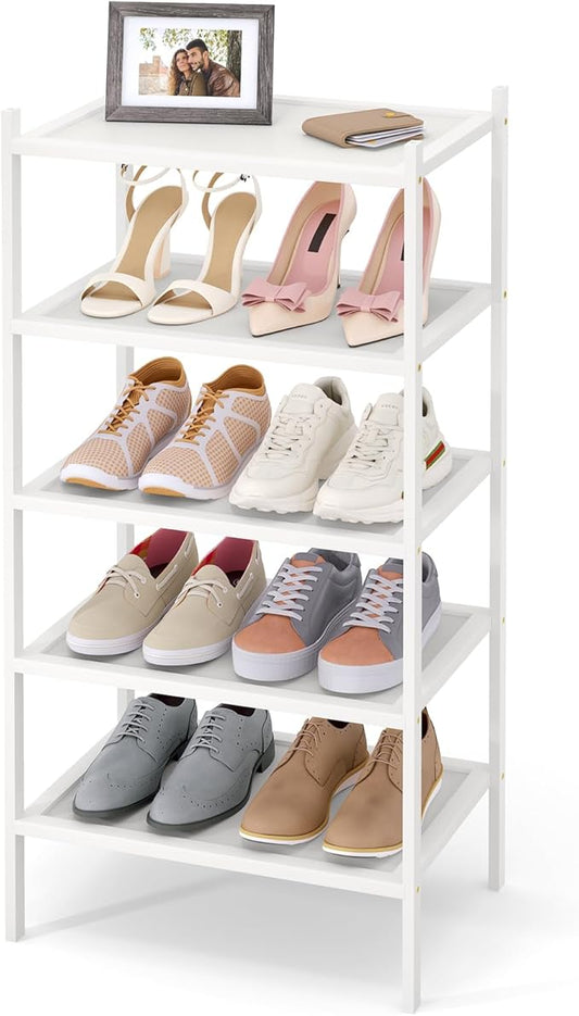 Smiry Bamboo Small Shoe Rack, 5 Tier Shoe Organizer for Entryway & Closet, Stackable Free Standing Storage Shelf for Shoes, Bags & Plants, White