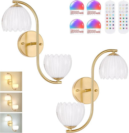 Battery Operated Wall Sconce, 2-Lights Vinatge Brass Wall Lighting Up and Down with White Tulip Shade for Living Room, Bedroom, Symmetrical 2 Pack