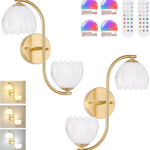Battery Operated Wall Sconce, 2-Lights Vinatge Brass Wall Lighting Up and Down with White Tulip Shade for Living Room, Bedroom, Symmetrical 2 Pack