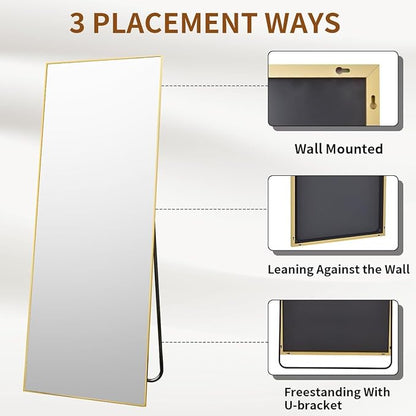 VooBang Mirror Full Length - 21" x 57" Floor Mirror with Stand, Aluminum Alloy Frame Full Body Mirror, Standing Hanging or Leaning Against Wall for Bedroom and Living Room, Gold