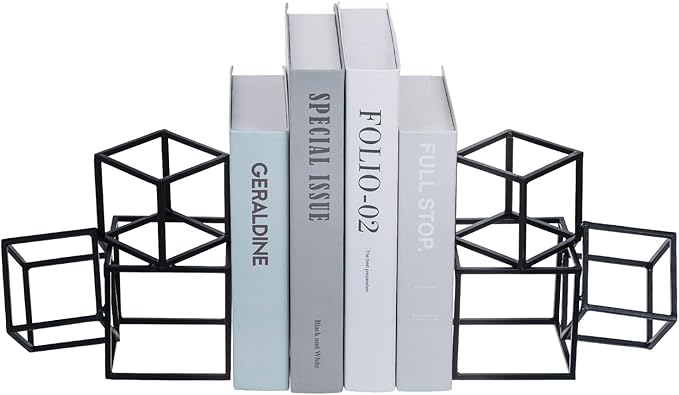 MyGift Modern Black Metal Geometric Bookends, Decorative Book Ends Stands for Home Library Bookshelf Office Desk, 1 Pair, Handcrafted in India, 3 Cube Frame Design