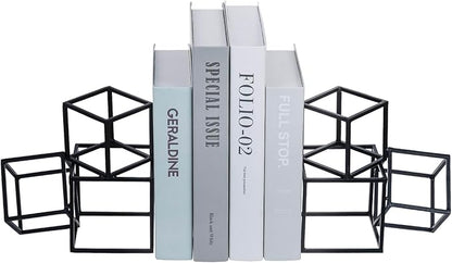 MyGift Modern Black Metal Geometric Bookends, Decorative Book Ends Stands for Home Library Bookshelf Office Desk, 1 Pair, Handcrafted in India, 3 Cube Frame Design