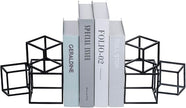 MyGift Modern Black Metal Geometric Bookends, Decorative Book Ends Stands for Home Library Bookshelf Office Desk, 1 Pair, Handcrafted in India, 3 Cube Frame Design