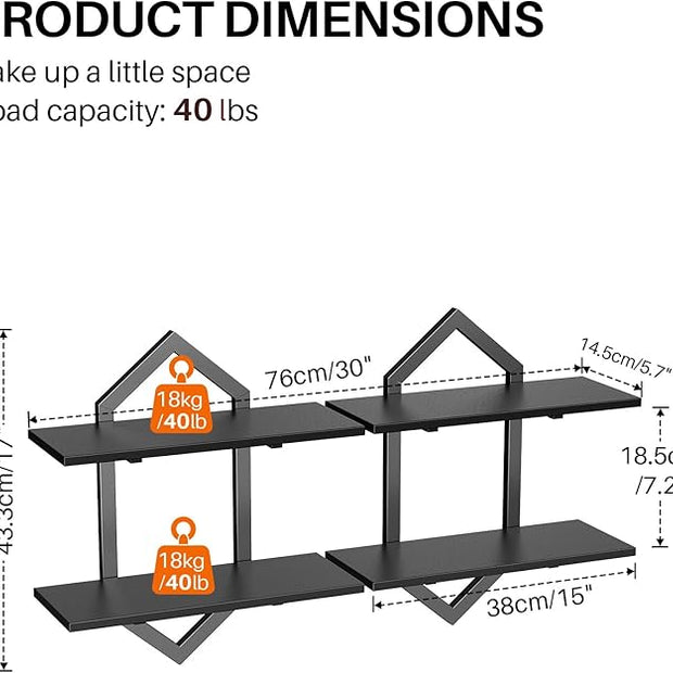 Floating Shelves, Set of 2 Wall Shelf, Wall Mounted Decorative Shelves, 2-Tier Modern Geometric Hanging Storage Shelf for Living Room, Bedroom, Kitchen, Office, Study (Black)