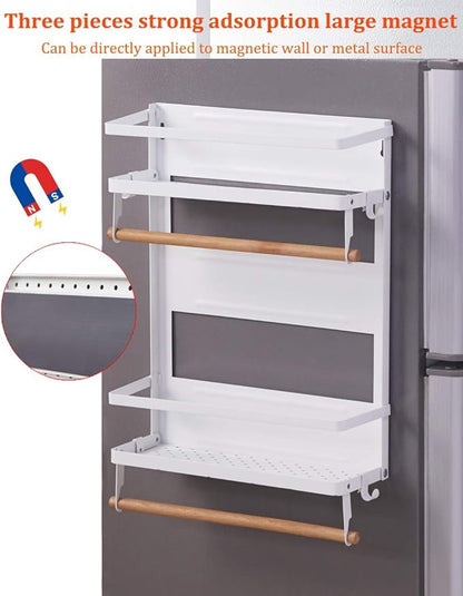 Refrigerator Magnetic Spice Rack,Foldable Kitchen Magnetic Side Storage Organizer Shelf with Wooden Holder,White