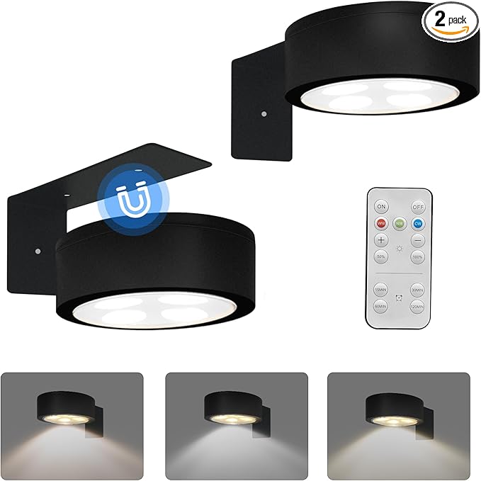 2-Pack Picture Light for Paintings Battery Operated Art Light with Remotes,3 Lighting Display Light,Magnetic Dimmable and Timer Wall Light for Picture Artworking Frame Portrait,LED Puck Lights-Black