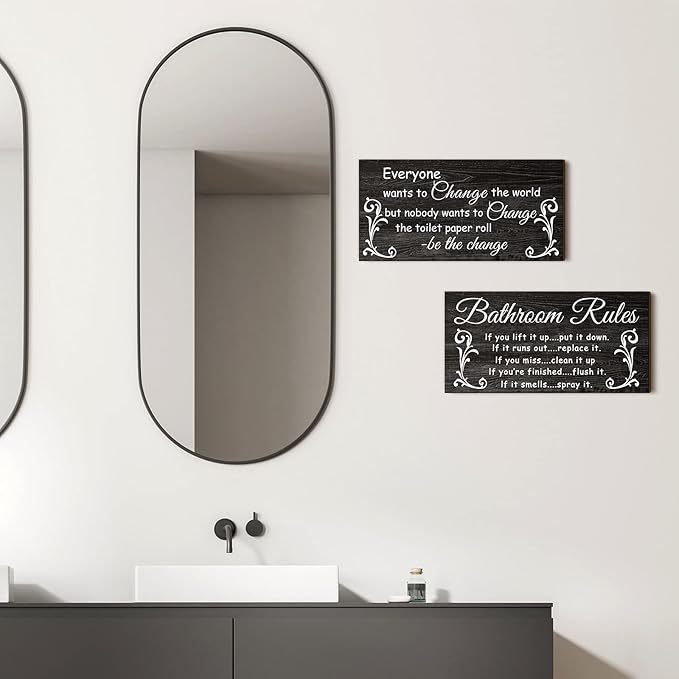 Jetec 2 Pieces Funny Bathroom Signs Bathroom Wall Decor Toilet Wall Accessories Farmhouse Toilet Rustic Wooden Signs, 12x6 Inch(Dark Style)