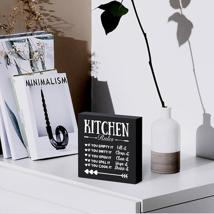 Funny Kitchen Decor Rustic Kitchen Decorations Wood Sign Desk Decor Farmhouse Black Wooden Box Sign for Home Dining Room Coffee Shelf Table Bar Living Room Counter Housewarming Gift