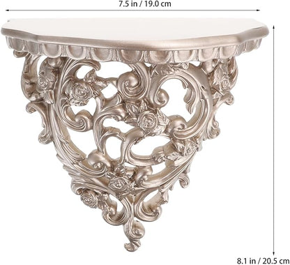 European-Style Resin Floating Wall Shelf, Vintage Hollow Carving Wall Decor, Gold Mounted Flower Shelf for Living Room, Kitchen, Bathroom, 8.07X7.48X4.05 Inch