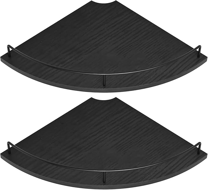 Corner Floating Shelves, Rustic Brown Wood, Set of 2, Wall Mount Storage with Guardrail for Bathroom Kitchen Living Room (Black)