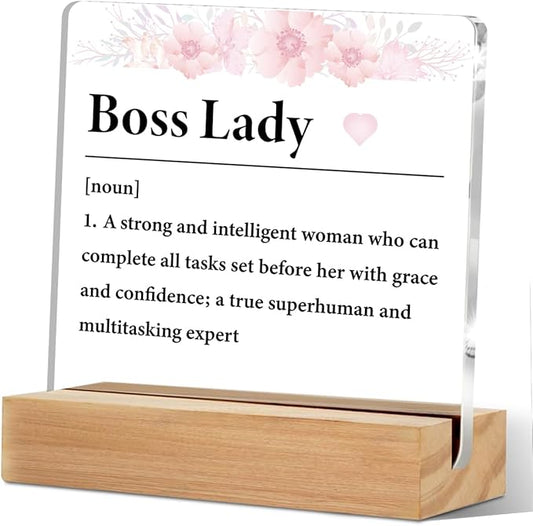 Best Boss Lady Gifts For Women Clear Desk Decorative Sign Appreciation Gift for Going Away Boss Day Acrylic Sign with Wooden Stand Table Plaque Keepsake Home Office Desk Shelf Cubicle Decor
