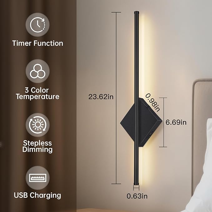 Battery Operated Wall Sconces Set of Two, Modern Sconces Wireless Cordless Rechargeable Light with Remote, Black Wall Lamp Dimmable Magnetic Home Decor for Bedroom Living Room Hallway Timing 23.6 Inch