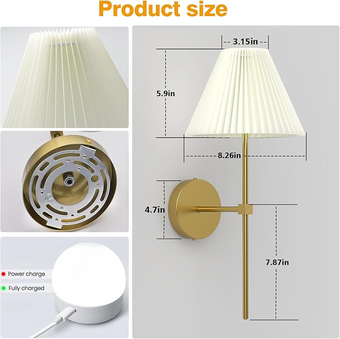 Battery Operated Wall Sconces Set of 2,Gold Rechargeable Wall Lights with Remote,3000mAh Dimmable 3 Timer Magnetic Bulbs,Indoor Wireless Lamps for Bedroom Living Room Hallway Bathroom