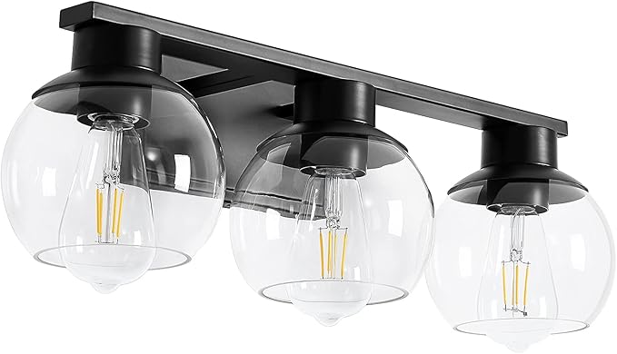 3-Lights Black Bathroom Vanity Lights, Modern Bathroom Lighting Fixtures with Globe Glass Shade, 22in Matte Black Wall lamp for Bath Over Mirror Kitchen Cabinet Living room Hallway Bedroom Porch
