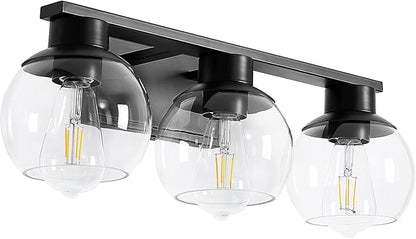 3-Lights Black Bathroom Vanity Lights, Modern Bathroom Lighting Fixtures with Globe Glass Shade, 22in Matte Black Wall lamp for Bath Over Mirror Kitchen Cabinet Living room Hallway Bedroom Porch