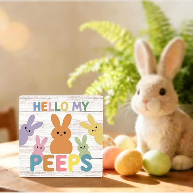 Easter Sign Cute Easter Peeps Decor Decorations Spring Bunny Table Decorations Decor Indoor for Home Office Desk Table Shelf Tiered Tray Hello My Peeps Wooden Sign 5 X 5 Inch
