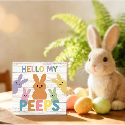 Easter Sign Cute Easter Peeps Decor Decorations Spring Bunny Table Decorations Decor Indoor for Home Office Desk Table Shelf Tiered Tray Hello My Peeps Wooden Sign 5 X 5 Inch